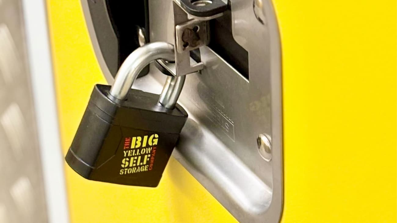 Lock on a storage unit showing secure household storage