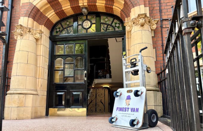 Student removals equipment outside London halls Finest Van removals trolley and moving skate outside London student halls