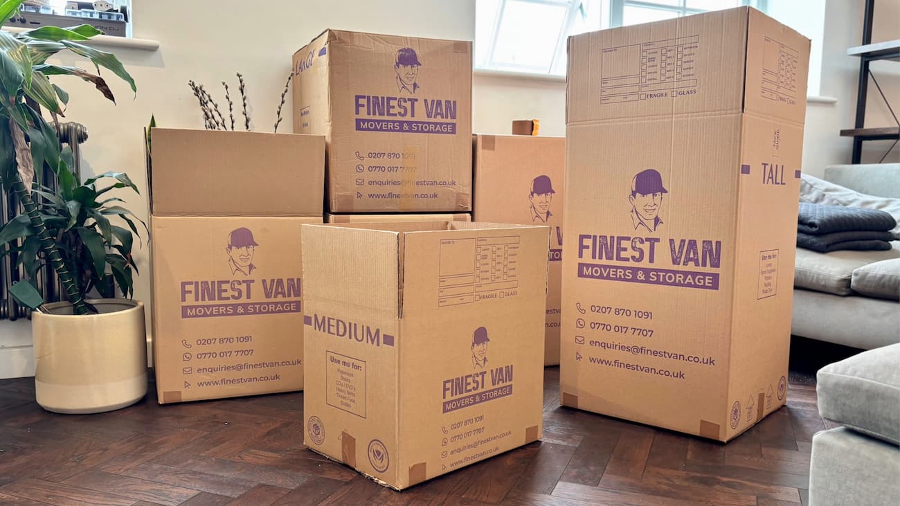 Assortment of moving boxes in different sizes.