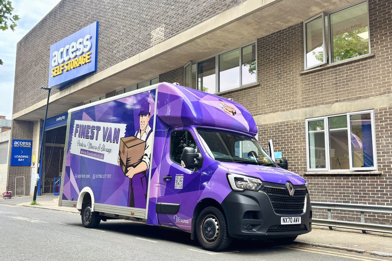 Finest Van removals van outside a London storage facility Finest Van removals van outside a London storage facility ready for a student storage collection