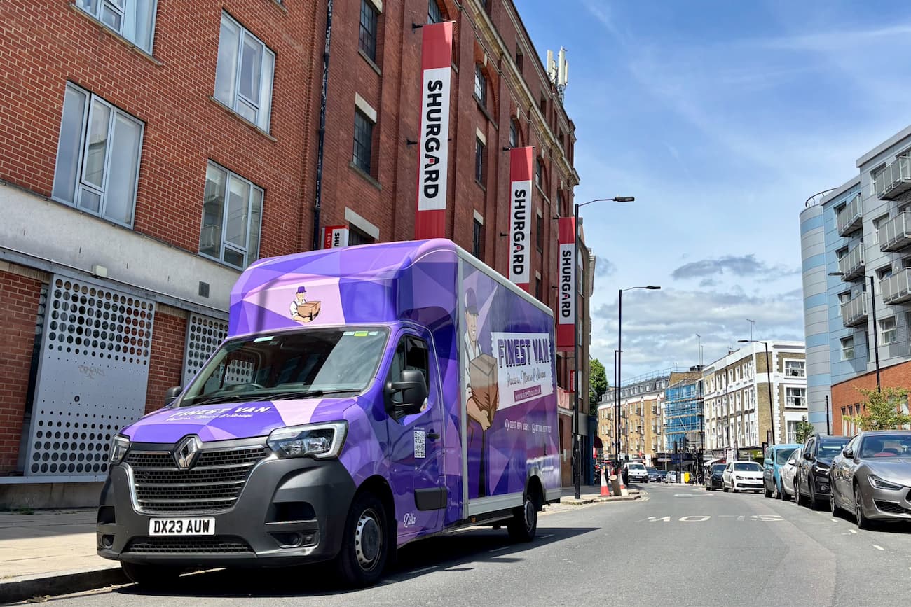 Finest Van removals van outside a London storage unit Finest Van removals van outside a storage unit for a student storage collection in London